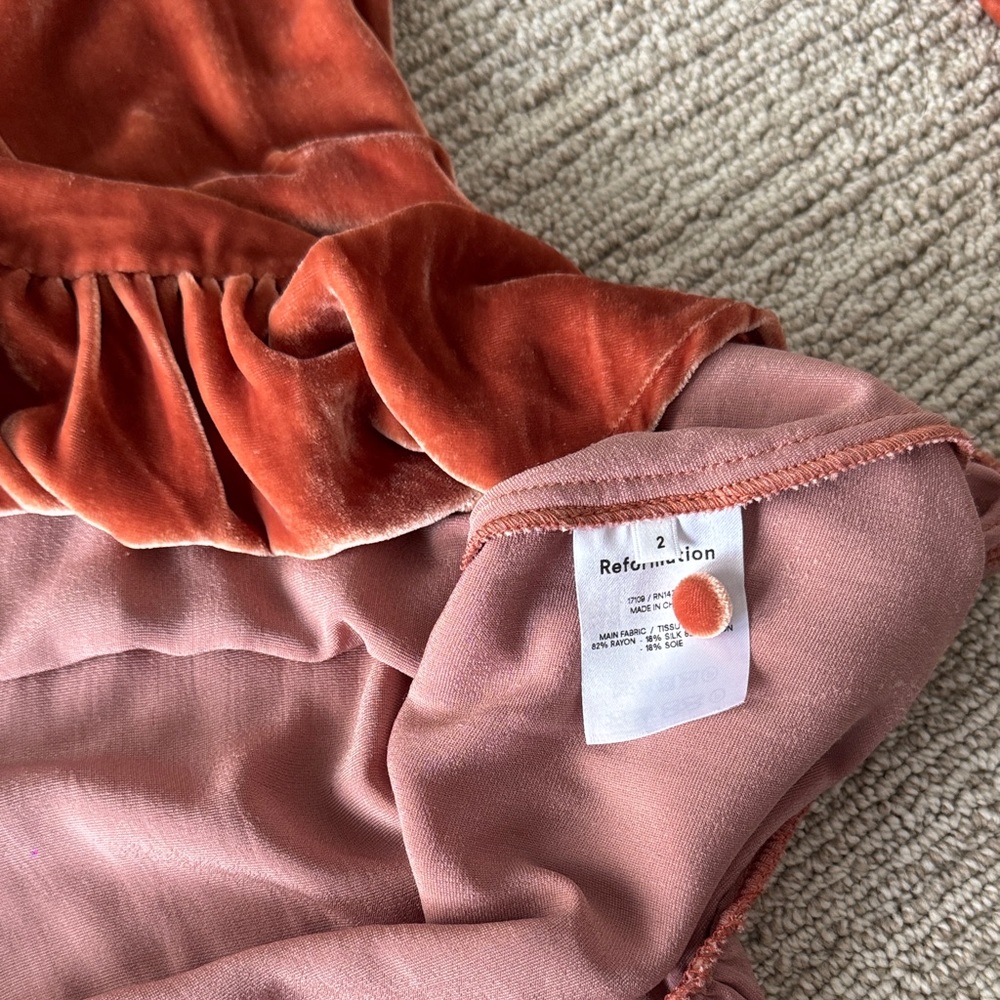 Reformation Mountain Mini Velvet Long Sleeve Dress in Salmon - Picture 5 of 5